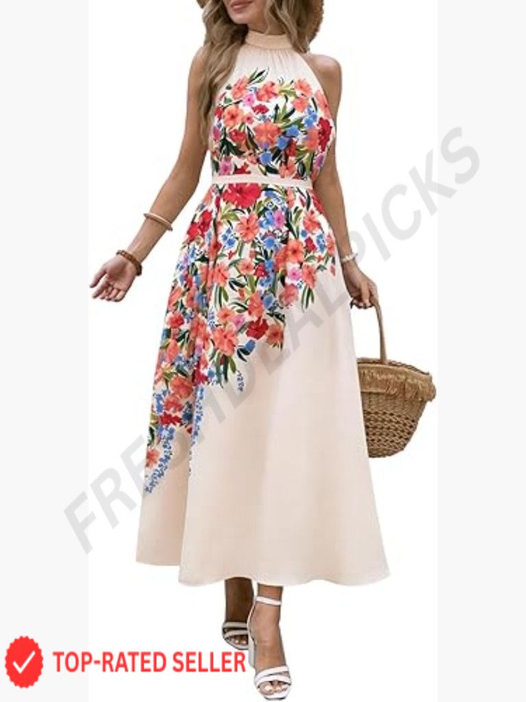 Womens Floral Maxi Dress Halter Neck Sleeveless Beach Vacation Wedding Guest